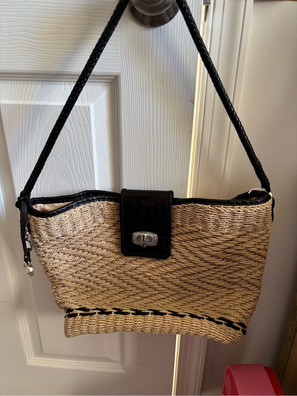Brighton woven tan & black shoulder bag with silver accents & dust bag-like new